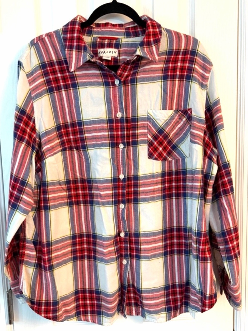 Ava & Viv Plaid Flannel Shirt Womens 2X Plus Size Red Blue Button Down